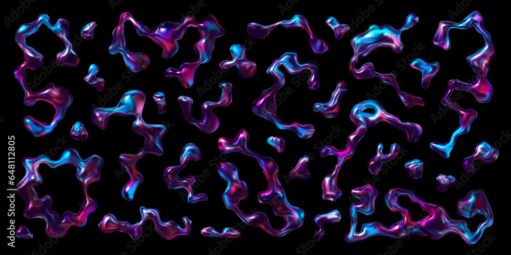 Poster holographic 3d liquid metal wave forms set in y2k style. abstract melted neon shapes suitable for fu
