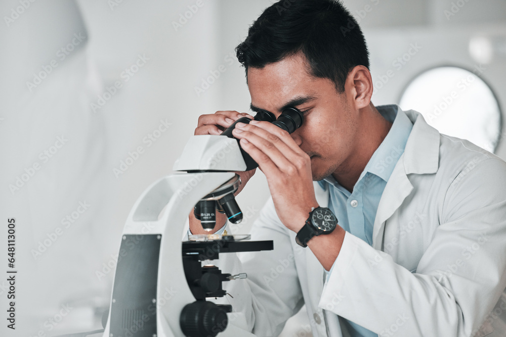 Poster man, scientist and microscope in forensic, research or new science discovery at laboratory. male per