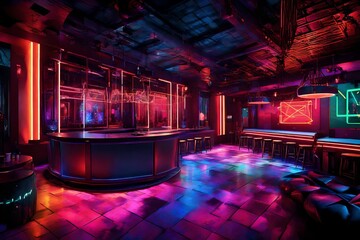 Craft a trendy urban nightclub with a DJ booth, neon lights, and a lively dance floor.