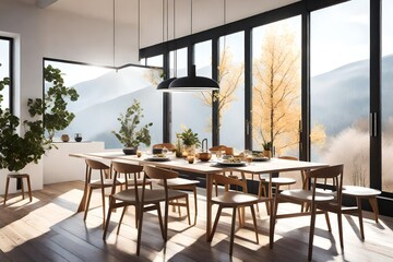 A design house's sunlit dining area, with a large window that captures the changing seasons of the Scandinavian landscape