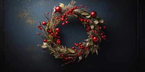 christmas wreath with pines and red christmas balls and berries - obrazy, fototapety, plakaty