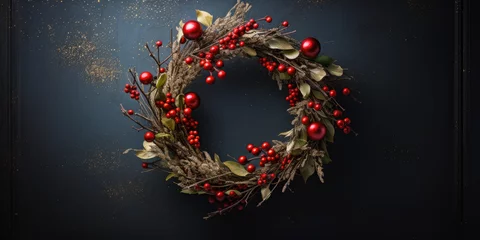 Foto op Plexiglas christmas wreath with pines and red christmas balls and berries © Zanni