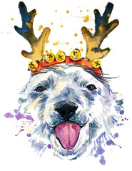 Arctic white bear. Happy New Year design. wild animals watercolor. Santa Clause