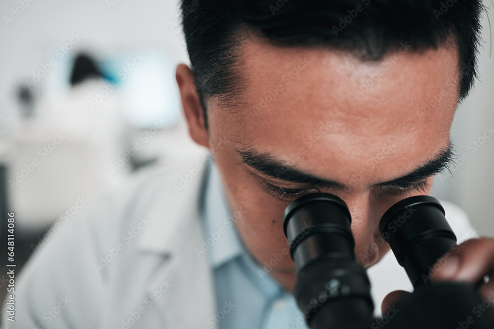 Poster man, scientist and microscope in forensic study, research or science discovery at laboratory. closeu