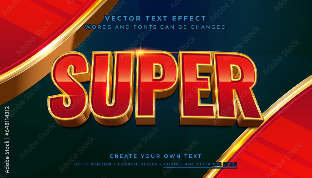 Poster vector editable 3d shiny red silver text effect. super technology graphic style on gold abstract bac