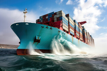 Global business logistics of import-export cargo. Cargo ship with sea containers on board in the port. Transportation of goods across the ocean. Cargo ship on the waves in the sea.