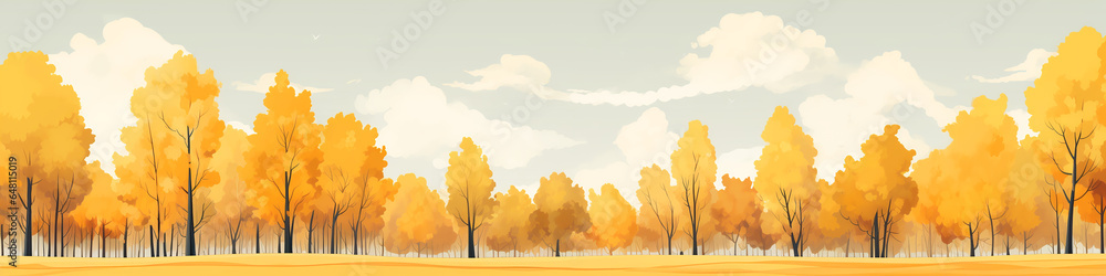 Poster a row of yellow trees autumn panoramic drawing cartoon background.ai generative