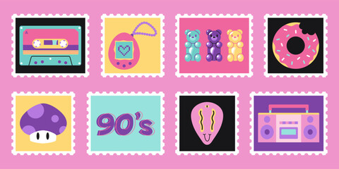 Set of cute hand-drawn post stamps with 90s retro elements. Vintage nineties vibes aesthetic in modern style, bright pastel color. Trendy modern vector Cartoon illustartions