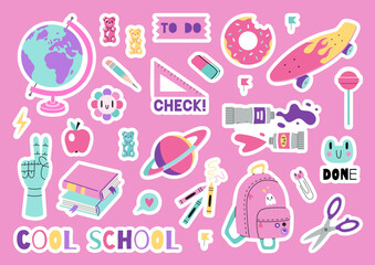 Set of stickers for planner and diaries, vector flat illustration. Sticker pack with cute school stationery and art supplies, cartoon style. Bright pastel color, 90s vibe. Decorations for notebook