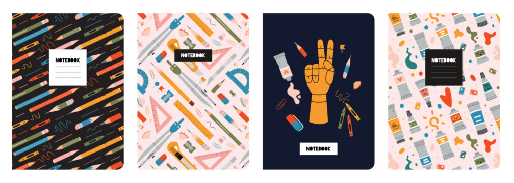 Trendy covers set, cartoon style vector illustration. Cool design with painting tools elements seamless patterns and cute art supplies. For notebooks, planners, brochures, books, catalogs etc