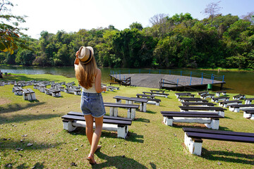 Back view of young woman in Goiania Park, Goias, Brazil