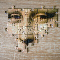 Jigsaw Puzzle Of Female Face Mona Liza La Gioconda from Leonardo Da Vinci, from ancient painting on...