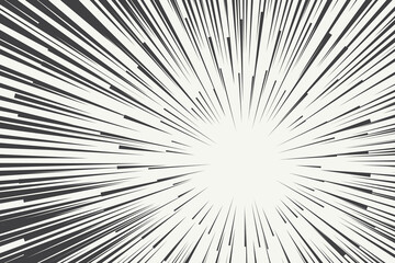 Obraz premium Black radial comic book style action line with a space for text on the right side isolated on white background. Speed abstract, manga comics action frame. Vector illustration