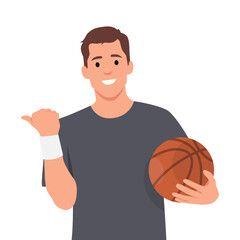 Young man holding basketball ball over white background smiling with happy face looking and pointing to the side with thumb up. Flat vector illustration isolated on white background