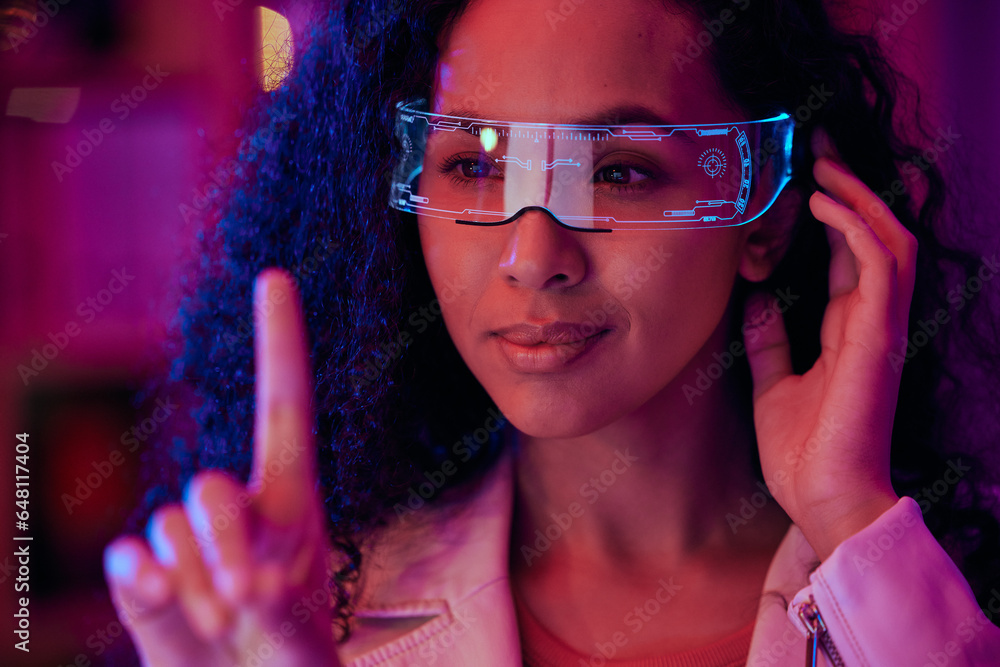 Aufkleber virtual reality, woman and press screen with digital world, metaverse and 3d, password and fingerpri