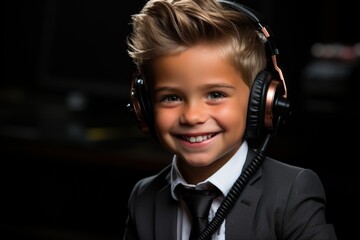portrait of small a boy wearing headphones . calling center