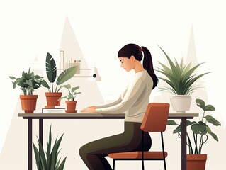 A young woman during a break at work does gymnastics at the workplace. Generated by AI.