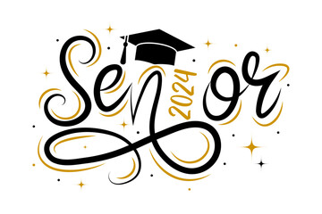 Senior 2024 typography. Black text isolated onwhite background. Vector illustration of a graduating class of 2024. graphics elements for t-shirts, and the idea for the sign