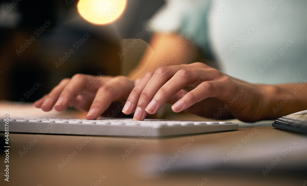 Poster Hands, keyboard and a business person typing in an office closeup at night for overtime project management. Computer, email and desk with an employee working on a report or assignment in the evening