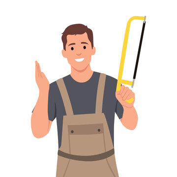 Young man worker in brown overall outfit holding hacksaw. Flat vector illustration isolated on white background
