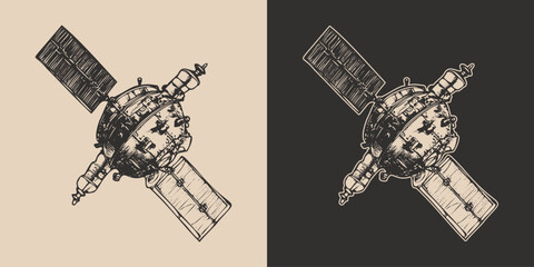 Set of vintage space galaxy adventure spy explore satellite. future adventure science. Graphic Art engraving style