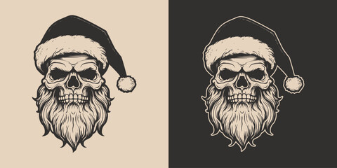 Set of vintage retro tattoo bad scary horror spooky skull skeleton santa claus in hat. Merry christmas xmas new year holiday halloween poster. Graphic Art. Engraving vector style