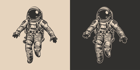 Set of vintage retro astronaut nasa future space adventure explore. Galaxy science trip. Graphic Art. Vector. © Graphic Warrior