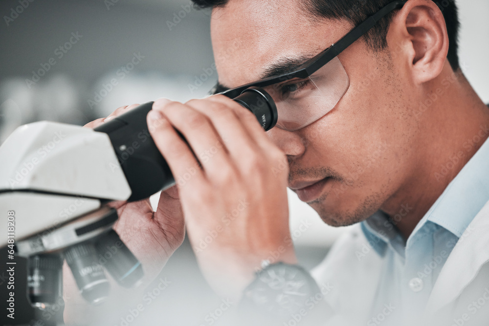Poster man, scientist and microscope in forensic discovery, research or science study at laboratory. closeu