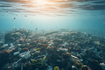 Fototapeta na wymiar Ocean with garbage underwater. Ocean pollution, concept
