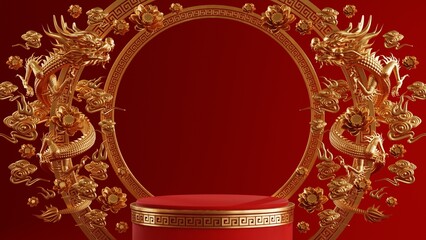 3d rendering illustration of podium round stage podium and paper art chinese new year, chinese festivals, mid autumn festival , red and gold ,flower and asian elements  on background.