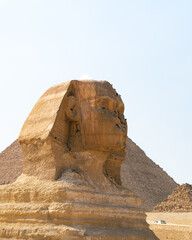 Sphinx in the Pyramids of Giza, including Cheops, Chephren and Mykerinos. Side shot of the Great...