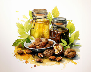 Watercolor illustration of walnut, nut oil