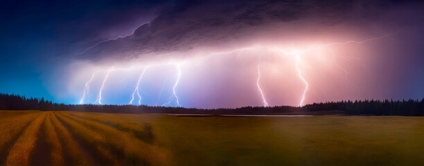 Nature Light Show, Panorama of Lightning in Landscape, AI Generated