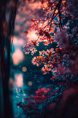 tree branch with flowers in pink tones, image created with ai	

