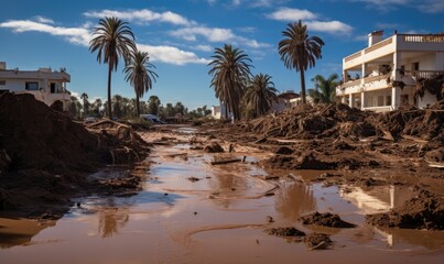 Fototapeta premium A scene of utter devastation in Derna, Libya, after a catastrophic flood. Submerged cityscape, damaged buildings, and muddy waters tell the story of a disaster.