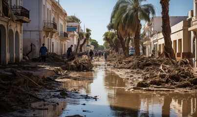 A scene of utter devastation in Derna, Libya, after a catastrophic flood. Submerged cityscape, damaged buildings, and muddy waters tell the story of a disaster.