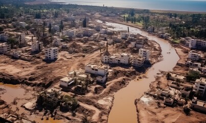 Aerial view of the devastation in Derna, Libya, after a catastrophic flood. Submerged cityscape, damaged buildings, and muddy waters. No signs of life in the aftermath