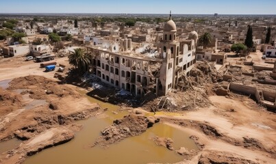 Aerial view of the devastation in Derna, Libya, after a catastrophic flood. Submerged cityscape, damaged buildings, and muddy waters. No signs of life in the aftermath - obrazy, fototapety, plakaty