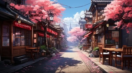 Idyllic Old Japan Street in Spring, Cherry Blossoms