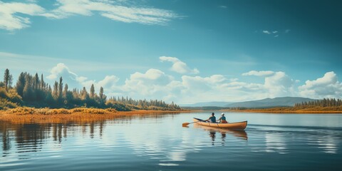 Man and woman are rowing a canoe - obrazy, fototapety, plakaty