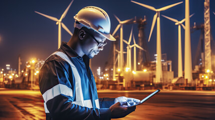 Young African American worker working with his tablet in a wind power plant at night.  - obrazy, fototapety, plakaty