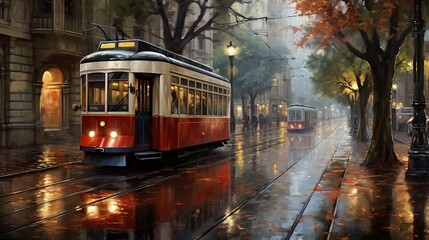 Obraz premium a painting of a trolley on a city street in the rain. generative ai