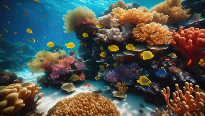 Naklejka na ściany i meble Oceanic Wonders: Tropical Fish and Colorful Coral in Pristine Waters. Great for nature documentaries, showcasing the incredible diversity of marine life..