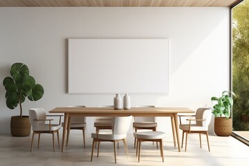Fototapeta premium Modern Aesthetic Dining Room Interior Design with Blank Poster Created with Generative AI