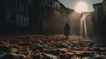 Mysterious Figure in Old Town. A captivating image for thriller book covers, adding an air of suspense to your design projects..