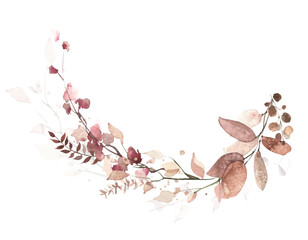 Watercolor floral frame on white. Red, burgundy, brown autumn wild flowers, eucalyptus branches, leaves and twigs