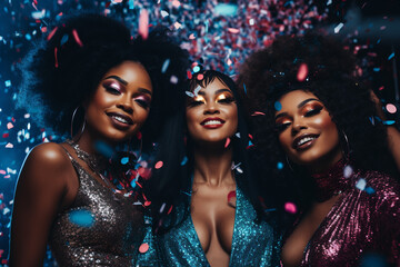 three beautiful black women wering glitter makeup and clothes having fun at the club - obrazy, fototapety, plakaty