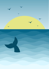 Sea in the morning and whale childish illustration poster. Cute fish tale.