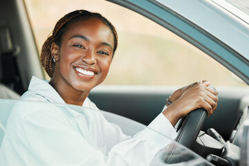 Woman, driving car and portrait in window with driver license, freedom and travel on a road trip....