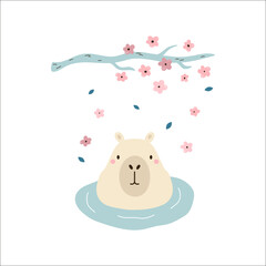 Vector illustration of a funny capybara sitting in the pond under a blossom branch
